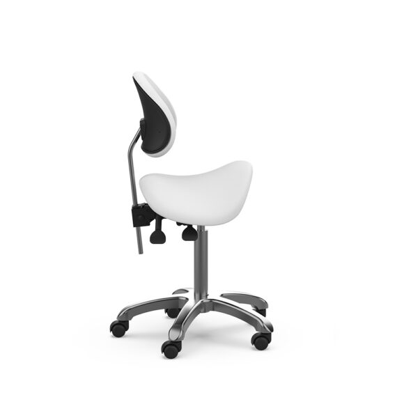 Sgabello ergonomico ZIN BACK bianco con base cromata e seduta confortevole.