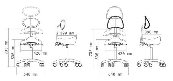 Sgabello ergonomico ZXEO BACK, disegno tecnico delle varie posiozioni