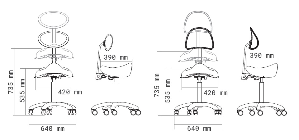 Sgabello ergonomico ZXEO BACK, disegno tecnico delle varie regolazioni
